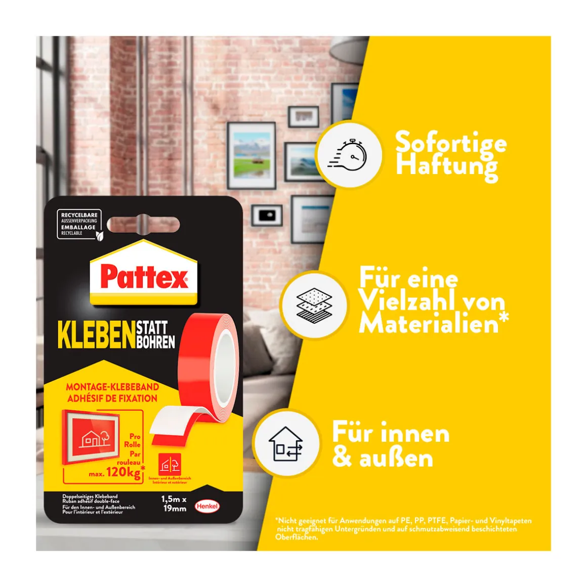 Pattex Klebeband Kleben statt Bohren 19 mm x 1,5 m