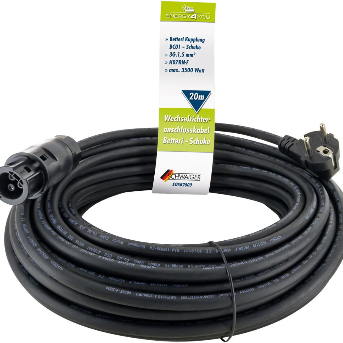Schwaiger Anschlusskabel Batterie auf Schuko für Wechselrichter 20 m