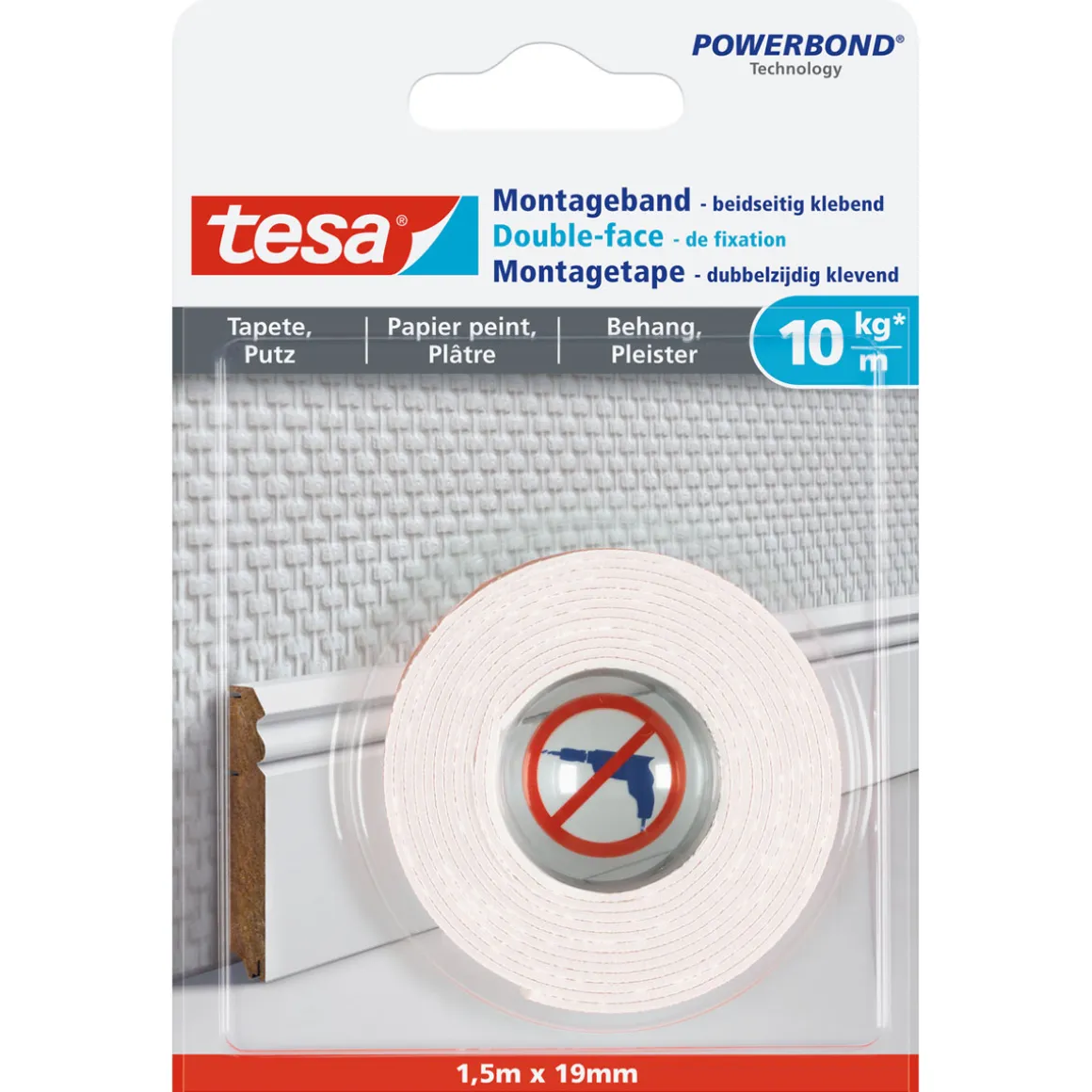 Tesa Montageband für Tapete und Putz 1,5 mm x 19 mm Traglast 10 kg