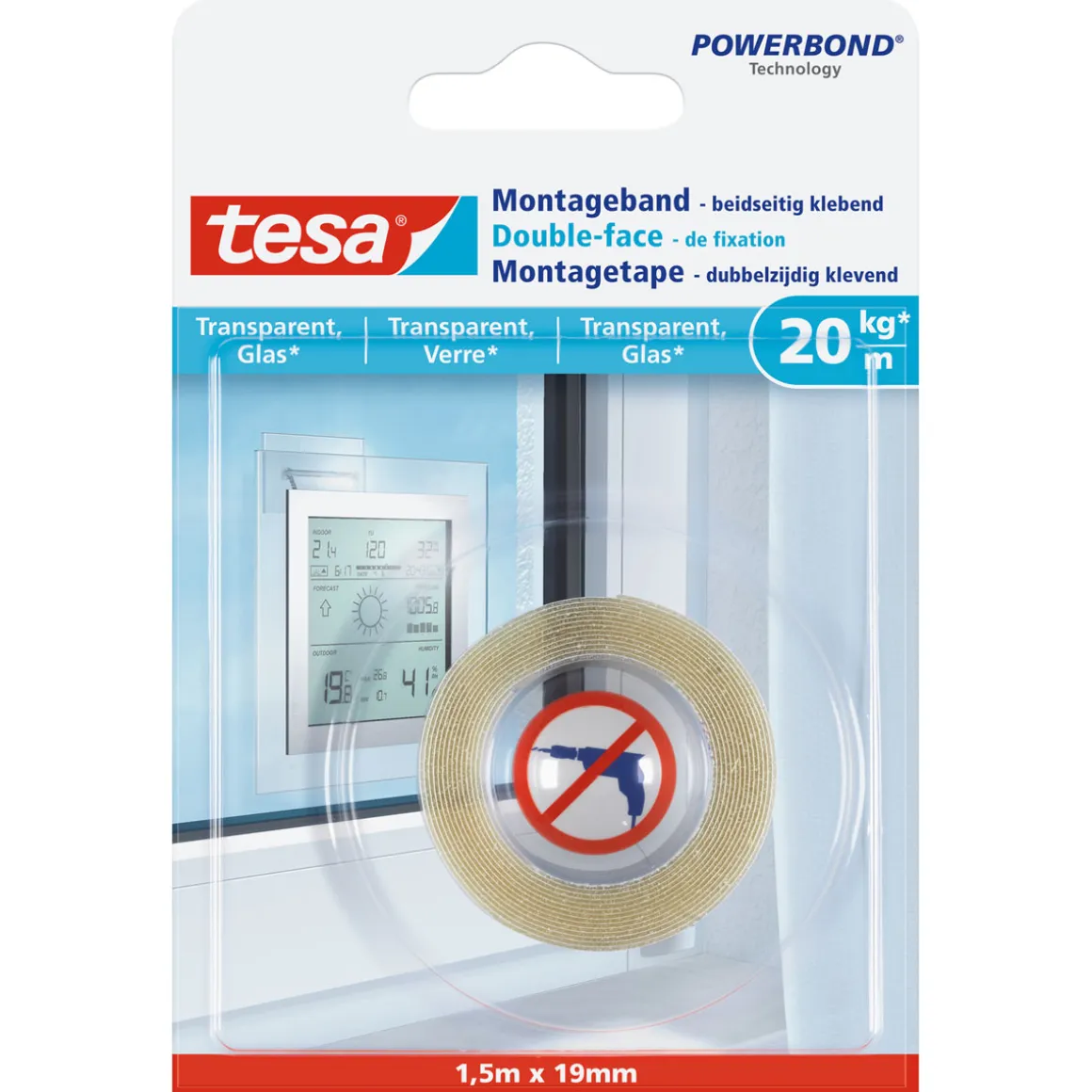 Tesa Montageband transparent Glas 1,5 m x 19 mm Traglast 20 kg